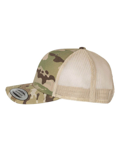 Custom YP Classics retro trucker cap by Yupoong with embroidered logo, camo green and khaki colors, adjustable hat for personalized style.