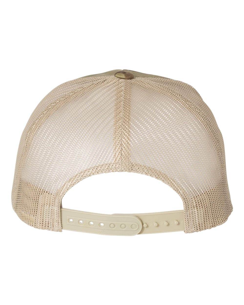 Custom YP Classics retro trucker cap by Yupoong with embroidered logo in camo green and khaki, adjustable snapback style.
