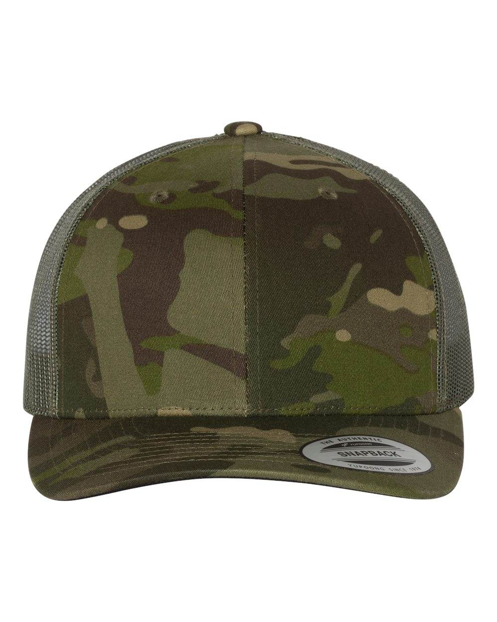 Custom YP Classics retro trucker cap with embroidered logo, green camo print, adjustable snapback, made by Yupoong.