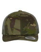 Custom YP Classics retro trucker cap with embroidered logo, green camo print, adjustable snapback, made by Yupoong.