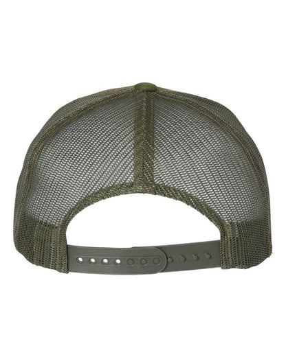Custom YP Classics retro trucker cap by Yupoong with embroidered logo, camo tropic green back, stylish and personalized hat.
