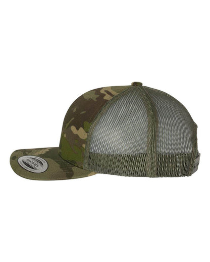 Custom YP Classics retro trucker cap by Yupoong with embroidered logo, featuring camo tropic green design and adjustable fit.