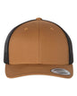 Custom YP Classics retro trucker cap by Yupoong with embroidered logo in caramel and black, adjustable mesh trucker hat.