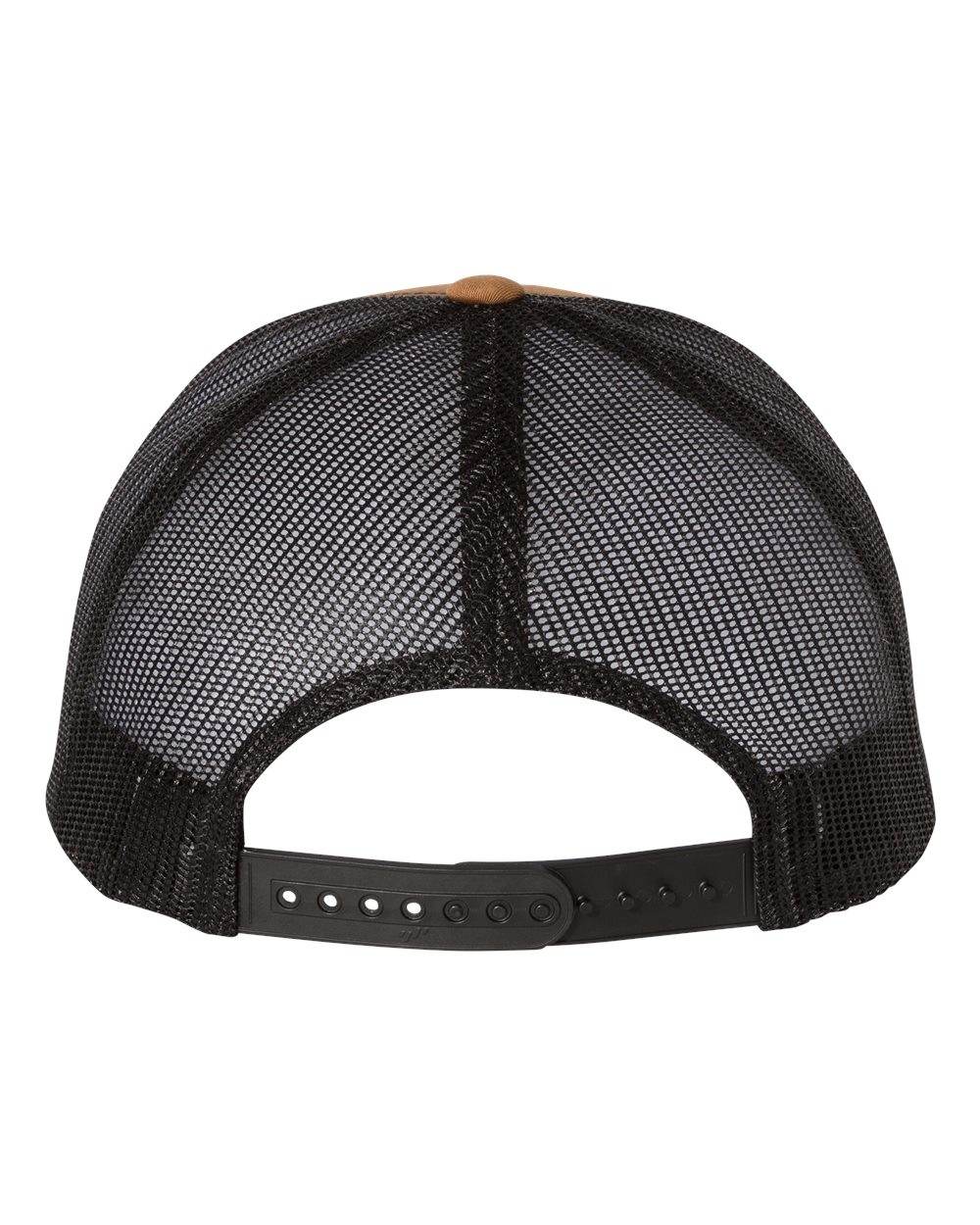 Custom YP Classics retro trucker cap by Yupoong with embroidered logo, caramel front and black back, stylish personalized trucker hat.