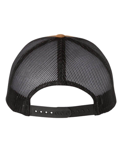 Custom YP Classics retro trucker cap by Yupoong with embroidered logo, caramel front and black back, stylish personalized trucker hat.