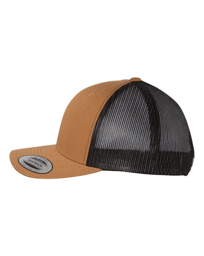 Custom YP Classics retro trucker cap with embroidered logo in caramel and black, stylish personalized Yupoong hat.