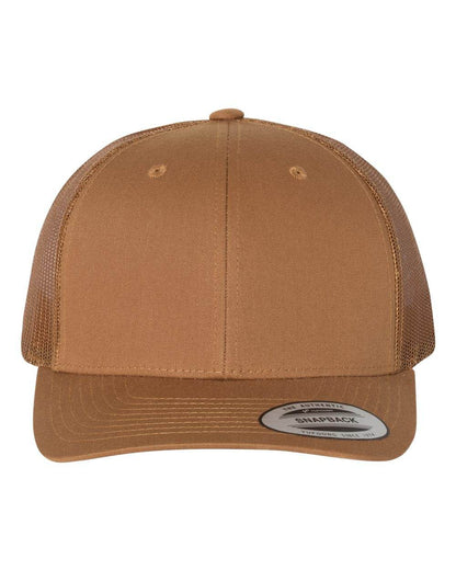 Custom YP Classics® retro trucker cap by Yupoong with embroidered logo in caramel color, adjustable mesh trucker hat for men and women.