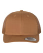 Custom YP Classics® retro trucker cap by Yupoong with embroidered logo in caramel color, adjustable mesh trucker hat for men and women.