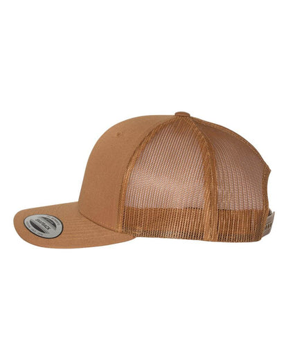 Custom YP Classics® retro trucker cap with embroidered logo in caramel color, featuring a classic trucker hat design by Yupoong.