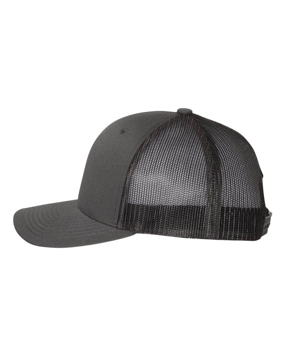 Charcoal black Yupoong YP Classics retro trucker cap with personalized embroidered logo on the front, adjustable mesh back.