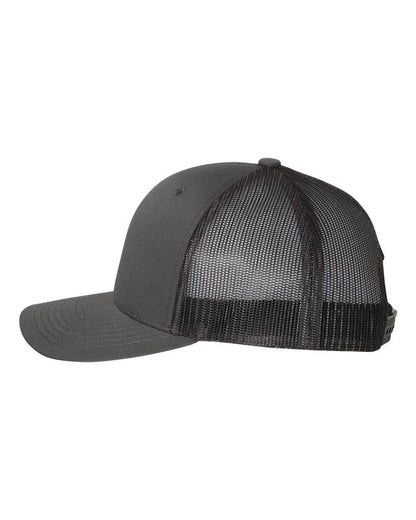 Charcoal black Yupoong YP Classics retro trucker cap with personalized embroidered logo on the front, adjustable mesh back.