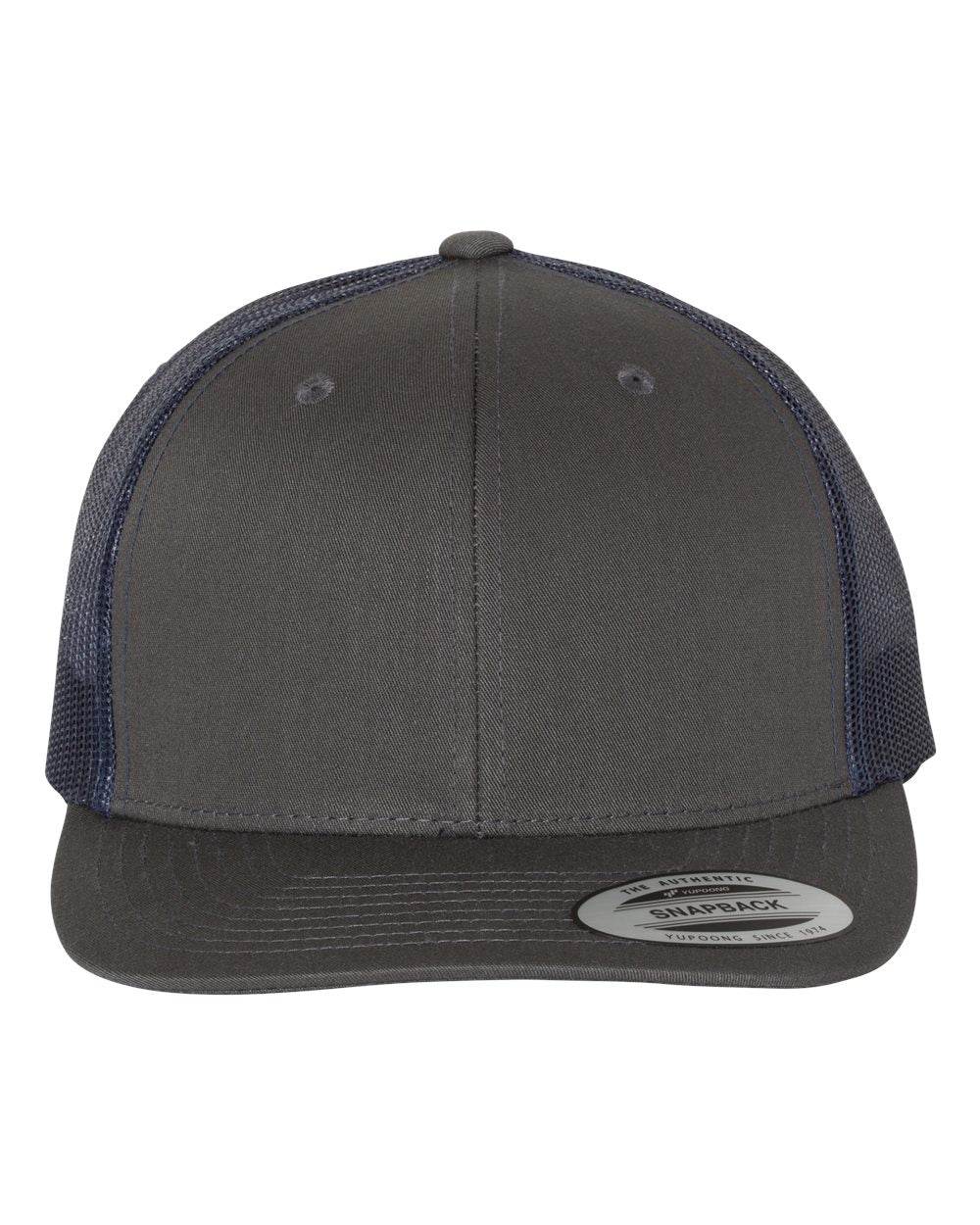 Custom YP Classics retro trucker cap by Yupoong with embroidered logo in charcoal and navy, featuring a classic mesh trucker hat design.
