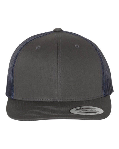 Custom YP Classics retro trucker cap by Yupoong with embroidered logo in charcoal and navy, featuring a classic mesh trucker hat design.