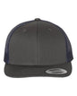 Custom YP Classics retro trucker cap by Yupoong with embroidered logo in charcoal and navy, featuring a classic mesh trucker hat design.