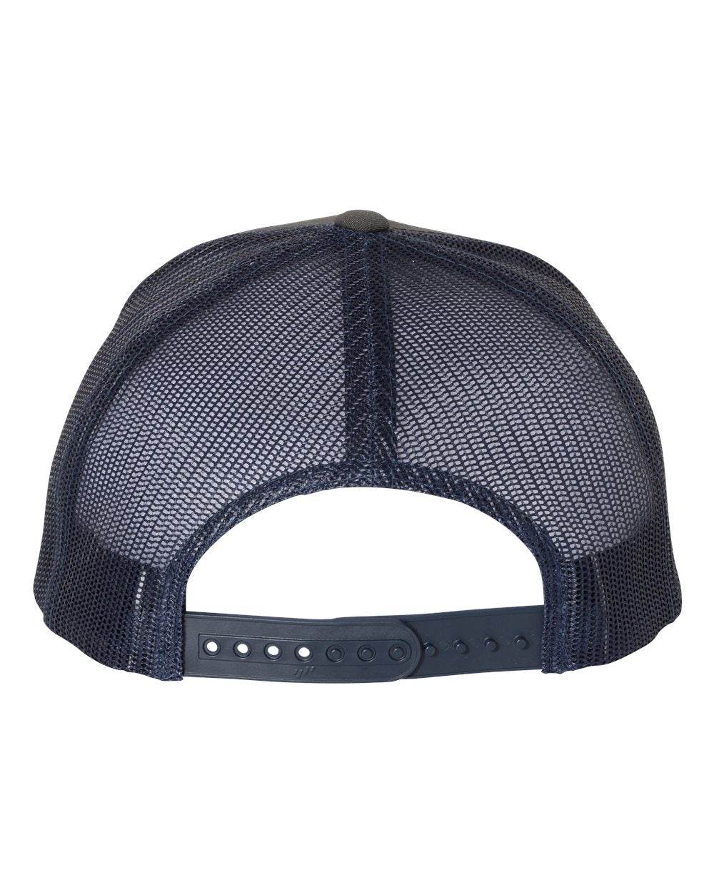 Charcoal and navy Yupoong Custom YP Classics retro trucker cap with embroidered logo, personalized fit, and classic trucker hat style.