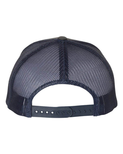 Charcoal and navy Yupoong Custom YP Classics retro trucker cap with embroidered logo, personalized fit, and classic trucker hat style.
