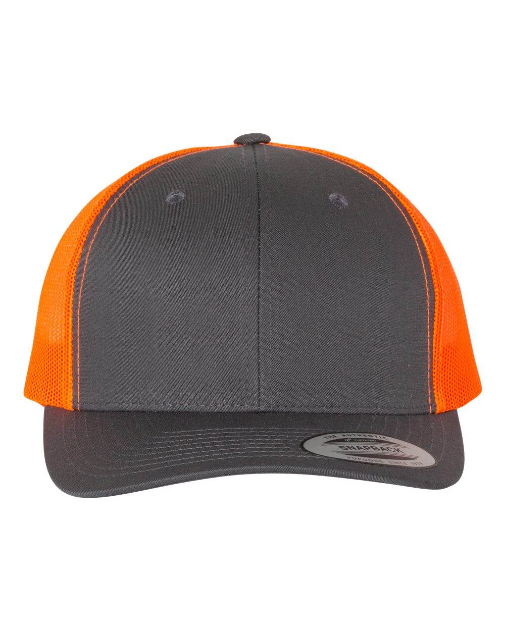 Custom YP Classics retro trucker cap by Yupoong with personalized embroidered logo in charcoal and neon orange.