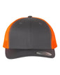 Custom YP Classics retro trucker cap by Yupoong with personalized embroidered logo in charcoal and neon orange.