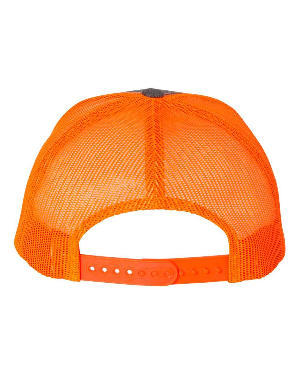 Charcoal and neon orange Yupoong YP Classics® retro trucker cap with embroidered logo, customizable personalized design.
