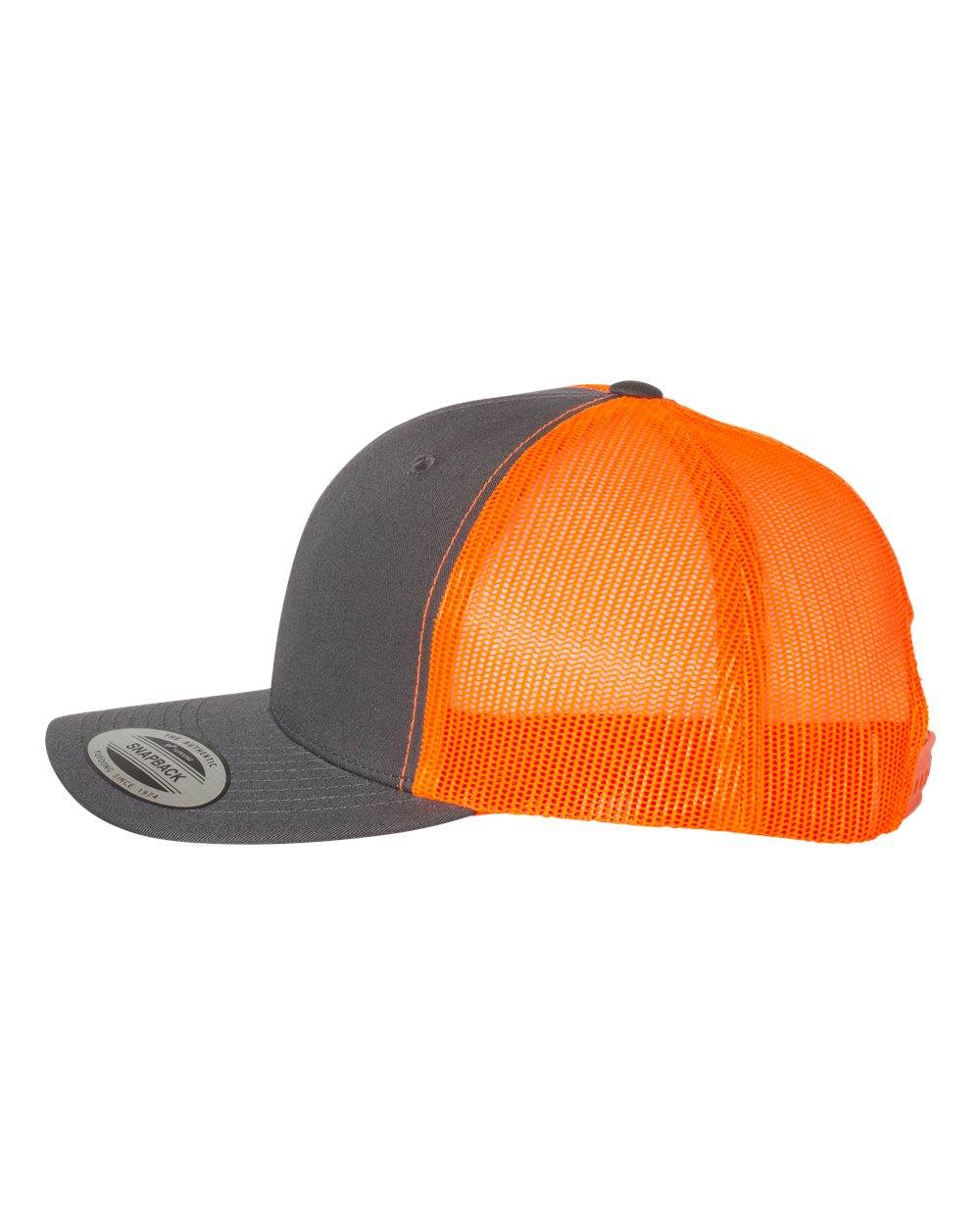 Custom YP Classics retro trucker cap by Yupoong with embroidered logo in charcoal and neon orange, stylish personalized trucker hat.