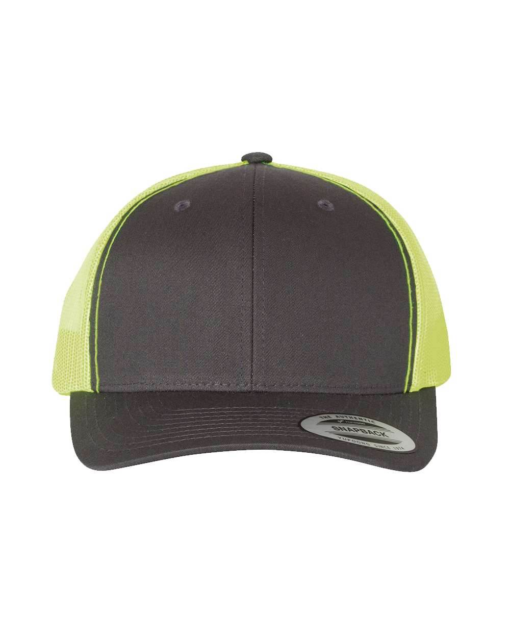 Custom YP Classics retro trucker cap by Yupoong with embroidered logo, charcoal color, neon yellow accents, adjustable snapback.
