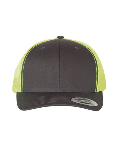 Custom YP Classics retro trucker cap by Yupoong with embroidered logo, charcoal color, neon yellow accents, adjustable snapback.