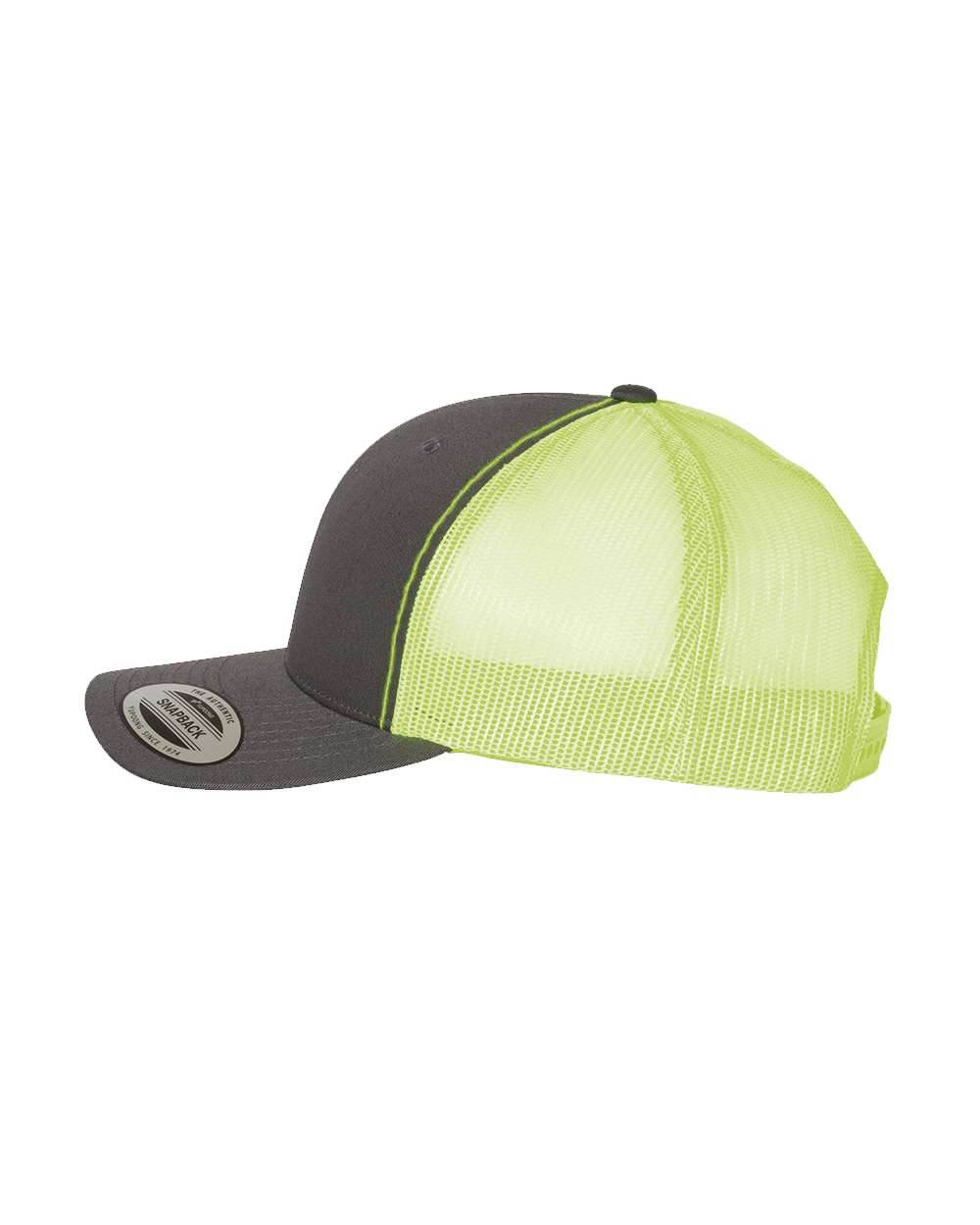 Charcoal Yupoong YP Classics retro trucker cap with neon yellow embroidery, personalized design, and mesh back for breathability.