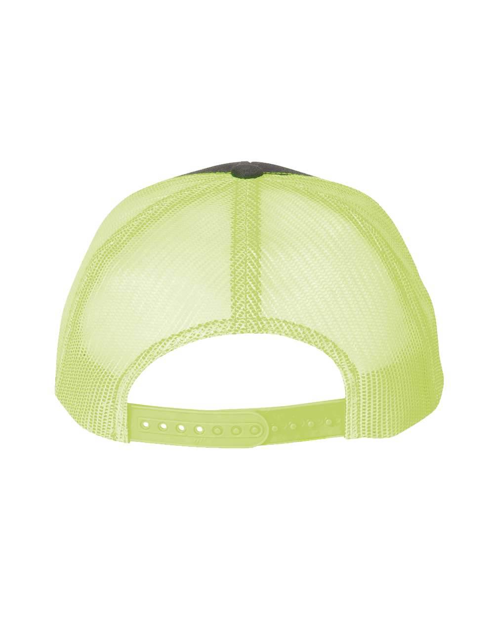 Custom YP Classics® retro trucker cap by Yupoong with embroidered logo in charcoal and neon yellow, adjustable mesh back.