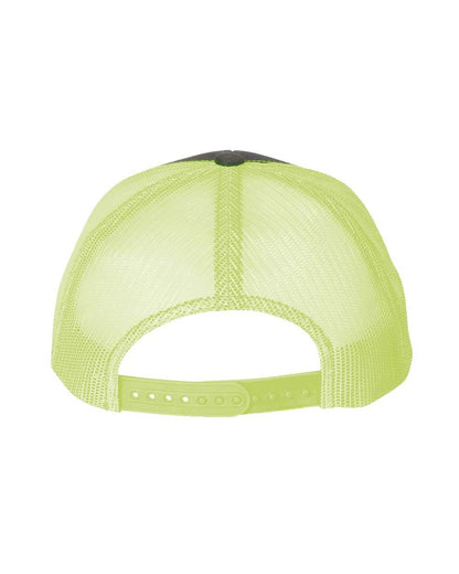 Custom YP Classics® retro trucker cap by Yupoong with embroidered logo in charcoal and neon yellow, adjustable mesh back.