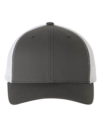Custom YP Classics retro trucker cap by Yupoong with embroidered logo, charcoal and white mesh, personalized and stylish.