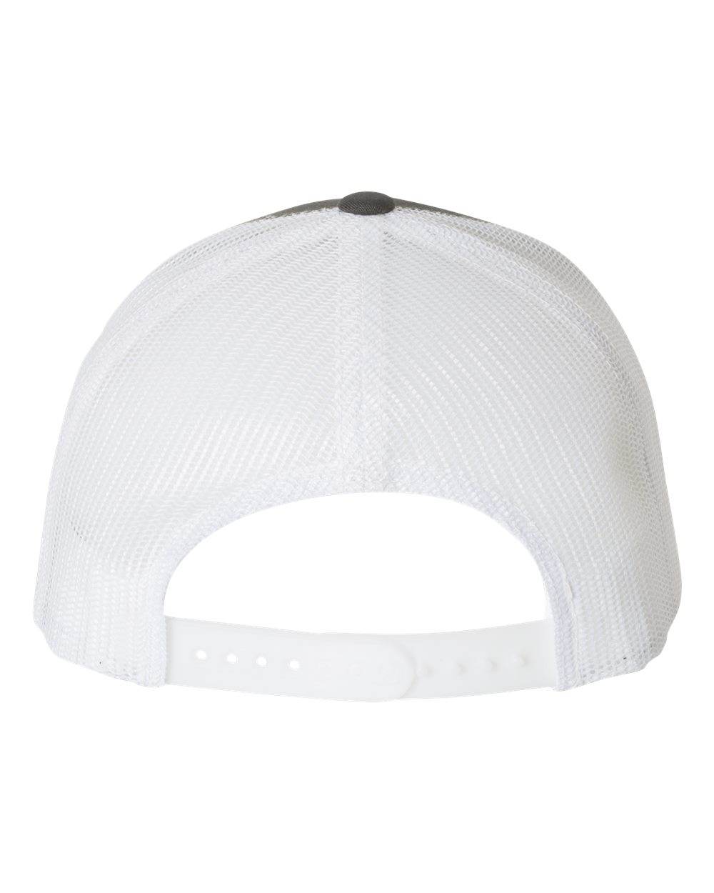 Charcoal gray Yupoong YP Classics® retro trucker cap with personalized embroidered logo, breathable mesh back, and adjustable snap closure.