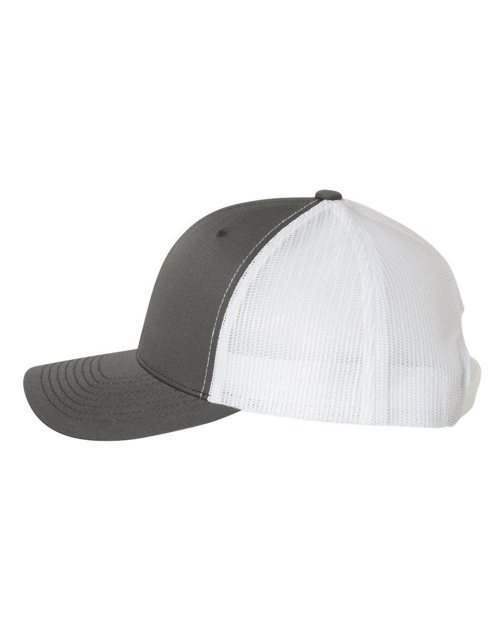 Charcoal and white Yupoong Custom YP Classics retro trucker cap with embroidered logo, featuring a classic mesh back and adjustable fit.