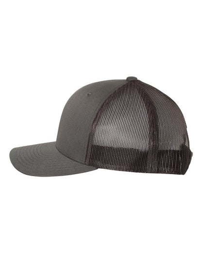 Charcoal Yupoong Custom YP Classics® retro trucker cap with embroidered logo, personalized adjustable trucker hat for men and women.