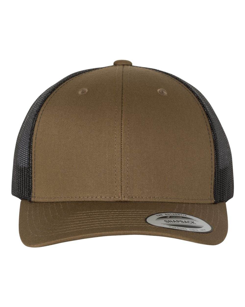 Custom YP Classics retro trucker cap by Yupoong with embroidered logo in coyote brown and black, adjustable snapback style.