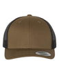 Custom YP Classics retro trucker cap by Yupoong with embroidered logo in coyote brown and black, adjustable snapback style.