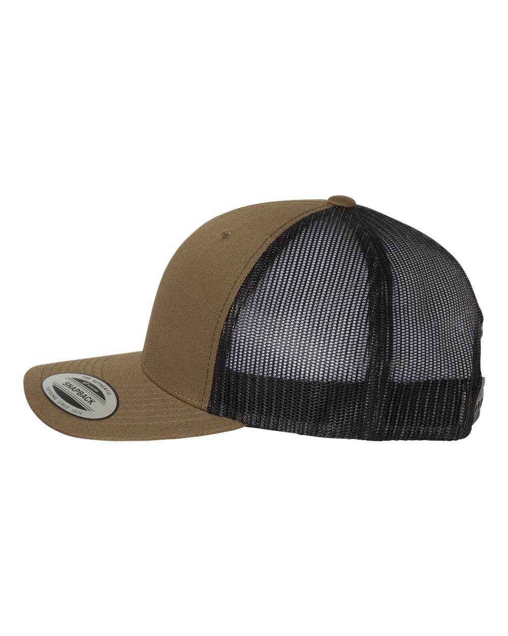 Yupoong Custom YP Classics retro trucker cap with embroidered logo in coyote brown and black, featuring adjustable snapback closure.