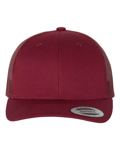 Custom YP Classics retro trucker cap by Yupoong with embroidered logo in cranberry color, stylish personalized trucker hat.