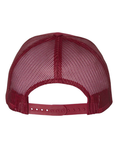Custom YP Classics® retro trucker cap with embroidered logo, featuring a cranberry color and adjustable snapback design.