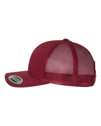 Custom YP Classics retro trucker cap with embroidered logo, cranberry color, adjustable snapback, and classic mesh design.