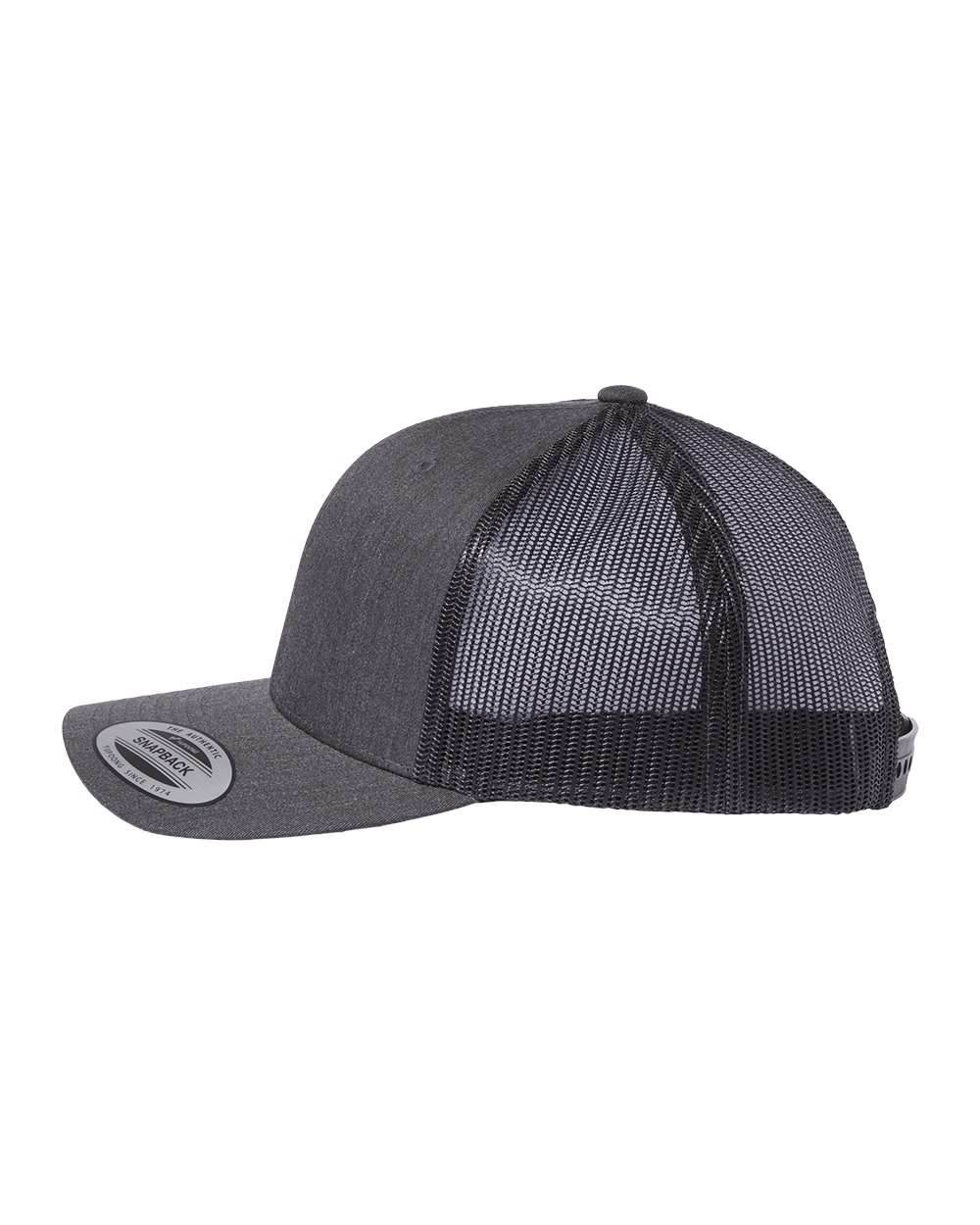 Custom YP Classics retro trucker cap with embroidered logo, dark heather grey, adjustable snapback, stylish and personalized.