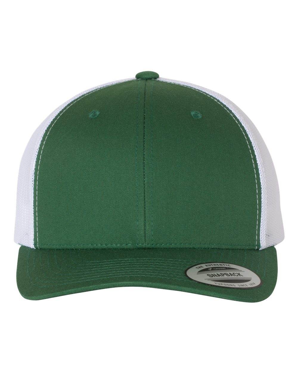 Custom YP Classics retro trucker cap by Yupoong with personalized embroidered logo in green and white.