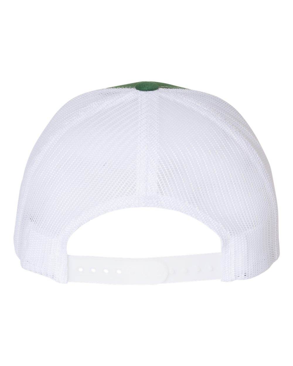 Custom YP Classics retro trucker cap by Yupoong with embroidered logo, green and white adjustable mesh hat.