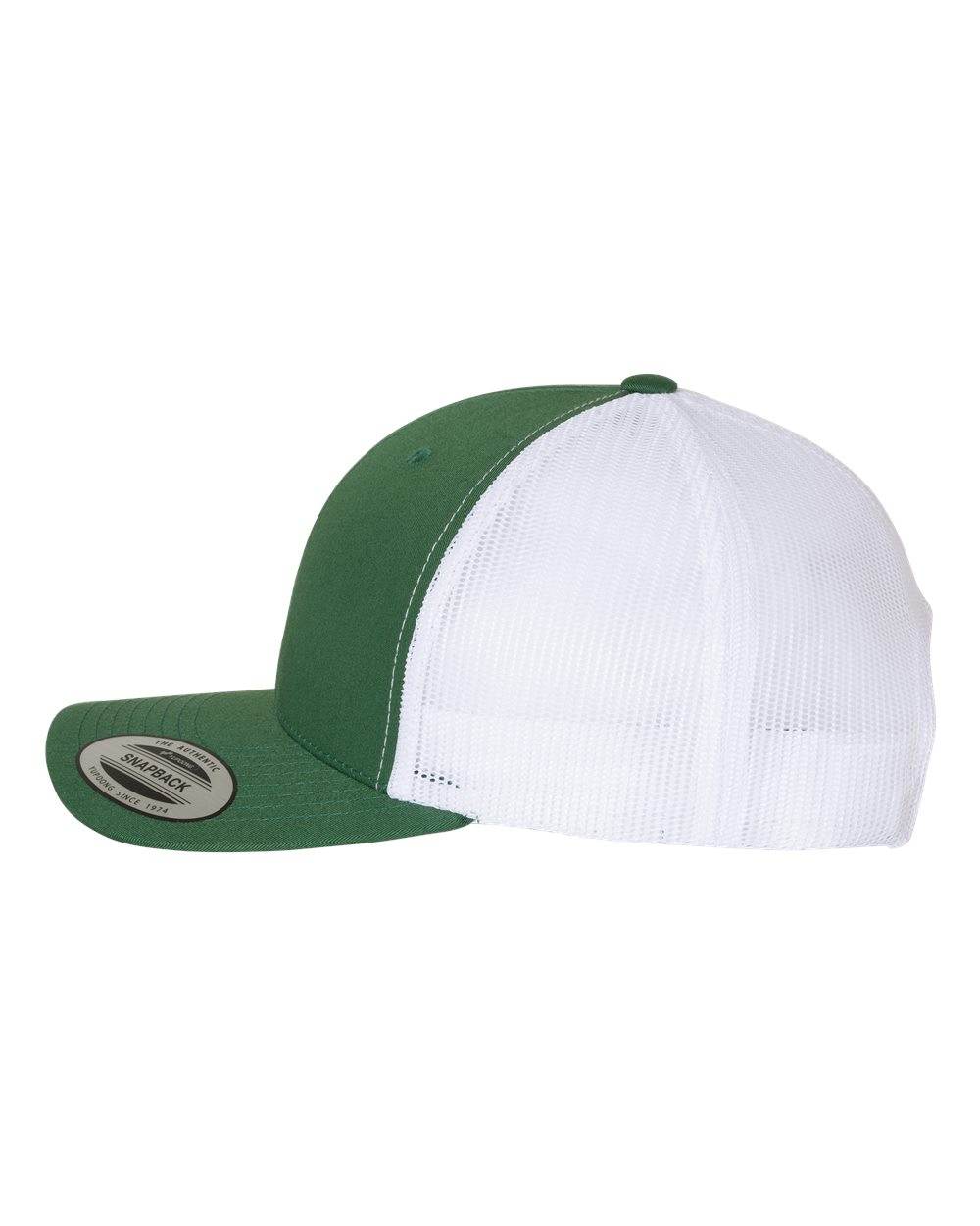 Custom YP Classics retro trucker cap by Yupoong with embroidered logo, green and white side view, personalized embroidered hat.