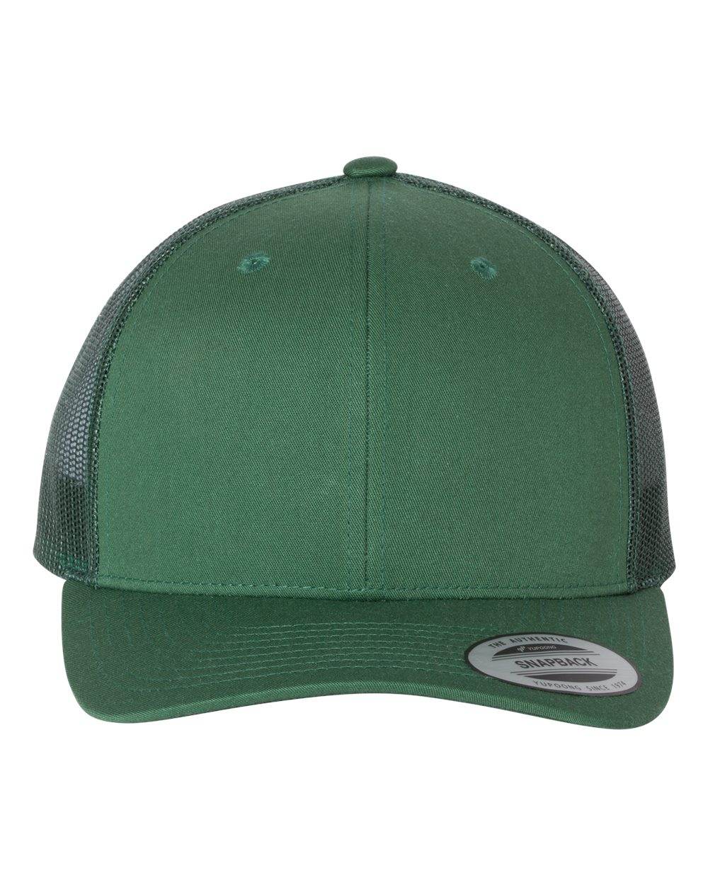 Custom YP Classics® retro trucker cap with embroidered logo, green mesh and structured front panel, personalized embroidered hat.