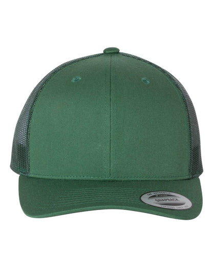 Custom YP Classics® retro trucker cap with embroidered logo, green mesh and structured front panel, personalized embroidered hat.