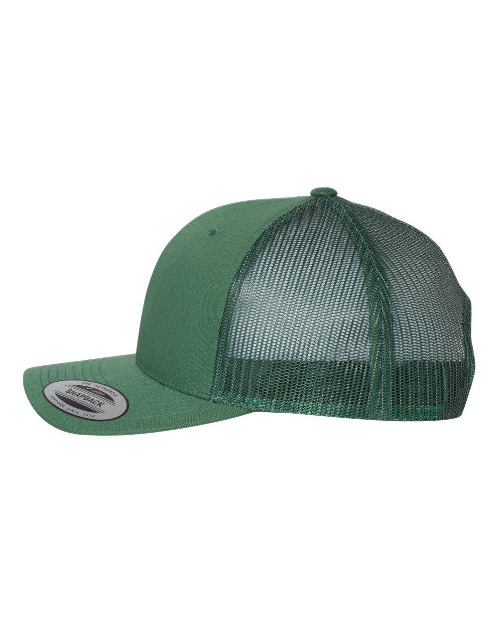 Custom YP Classics retro trucker cap by Yupoong with embroidered logo, green color, adjustable mesh back, classic trucker hat style.