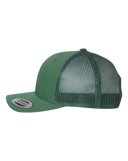 Custom YP Classics retro trucker cap by Yupoong with embroidered logo, green color, adjustable mesh back, classic trucker hat style.
