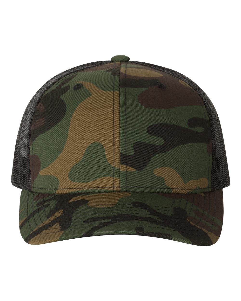 Green camo and black embroidered Yupoong YP Classics® retro trucker cap with personalized embroidery, stylish and comfortable.