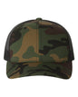Green camo and black embroidered Yupoong YP Classics® retro trucker cap with personalized embroidery, stylish and comfortable.