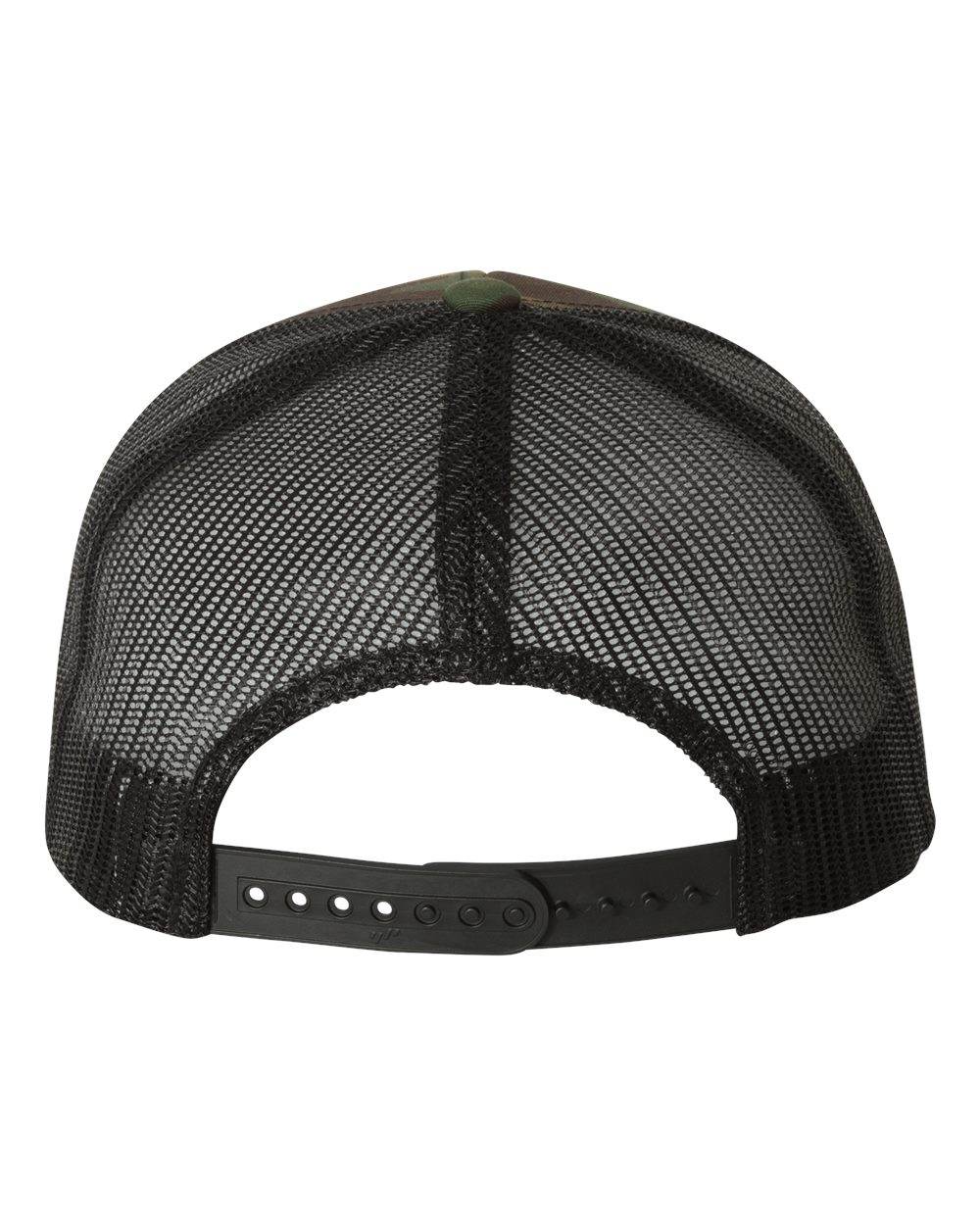 Green camo Yupoong YP Classics retro trucker cap with personalized embroidered logo and black mesh back.